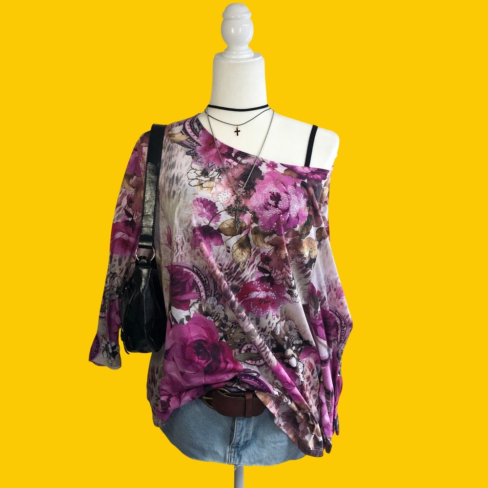 Vintage Y2K Made In USA Magenta Floral Glitter Grunge Top Womens XL S M L